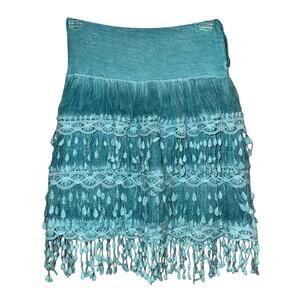 Y2K Boho Tiered Hand-Dyed Fringe Skirt Italy Made – Turquoise  – Small